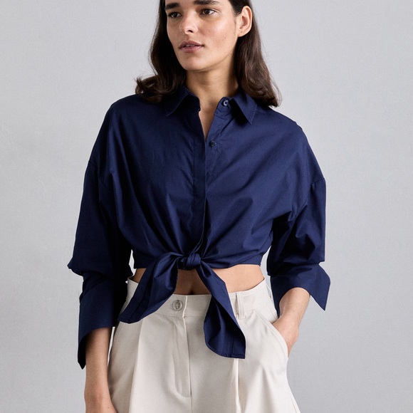STAUDXSNavy Tie Front Cropped Button Down Shirt XS Long Sleeve Blouse